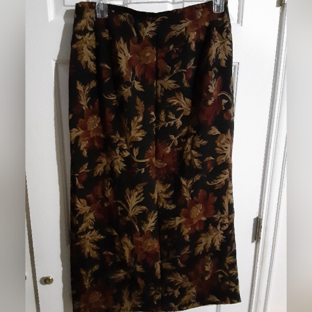 Vintage Wool Maxi Almost Pencil Skirt Fall Floral Back Slit Made in USA